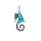 Sterling silver seahorse pendant with turquoise inlay, handcrafted in Bali.